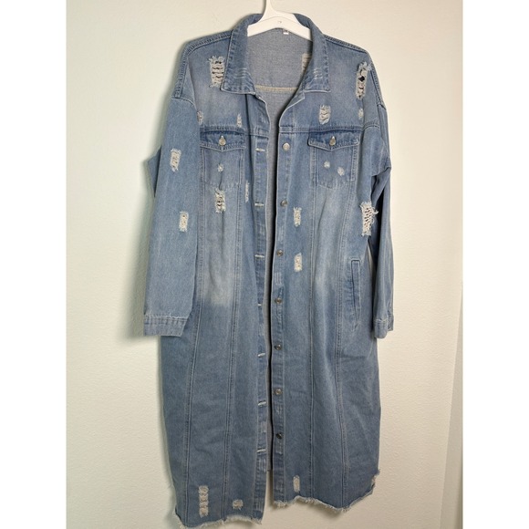 Unbranded Jackets & Blazers - Unbranded Distressed Longline Denim Jacket Light Wash Ripped Duster Coat 2XL